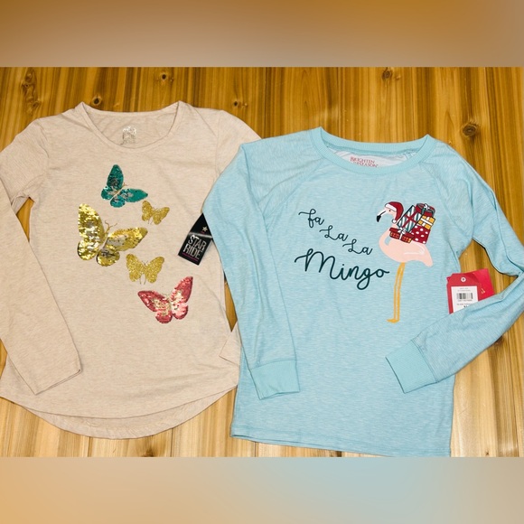 NEW Set of 2 Long Sleeve Shirts size 10/12 Medium Butterflies & Holiday Flamingo - Picture 13 of 16